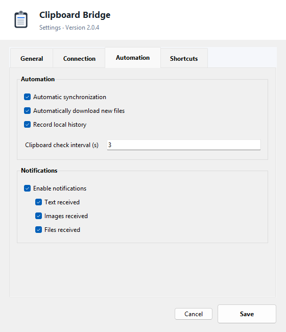 Clipboard Bridge Windows automation and notification settings