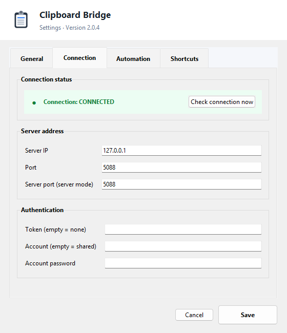 Clipboard Bridge Windows connection settings using local demo values