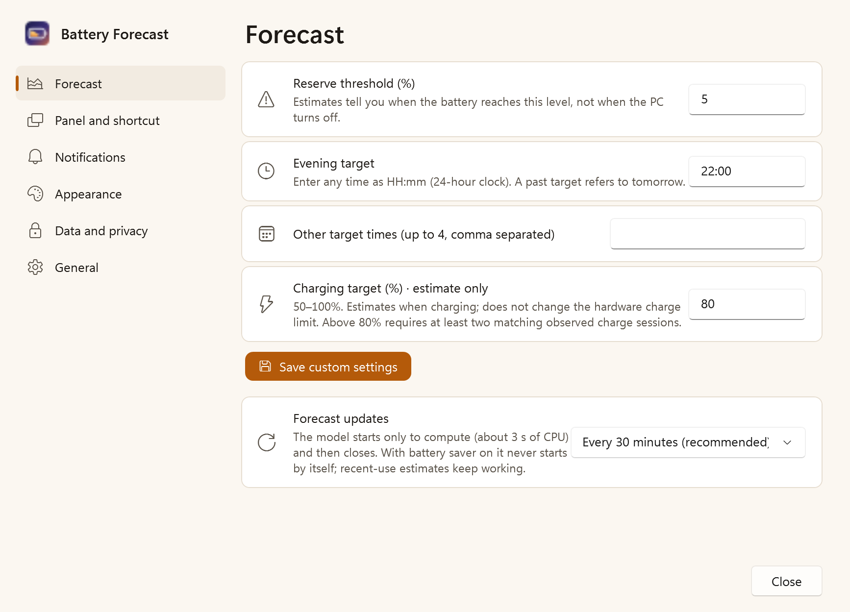 Preferences window with sections and icons: forecast reserve, evening target, charge target and refresh