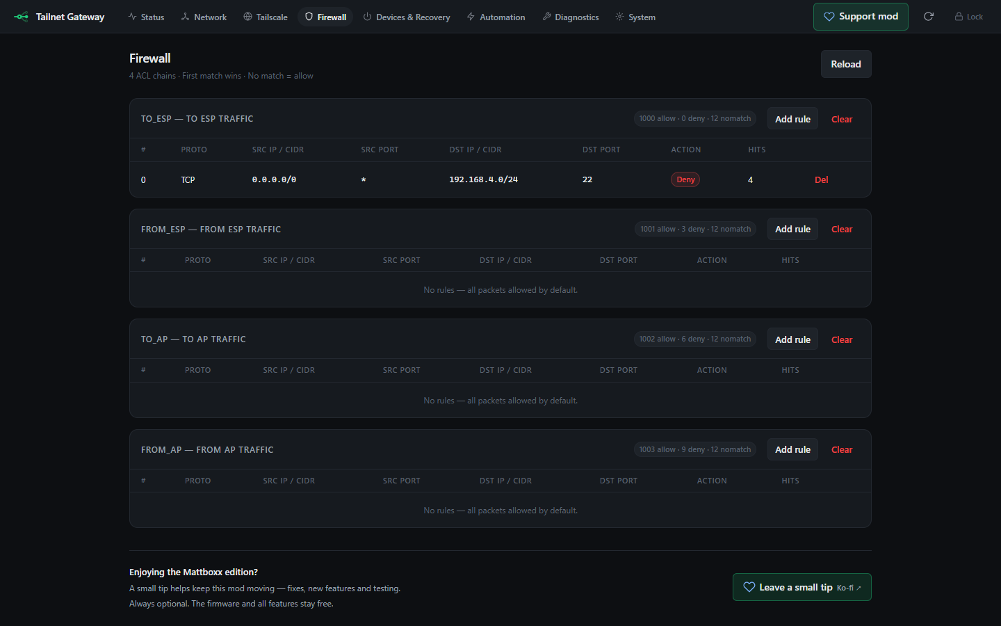 ESP32 gateway firewall Web UI showing the TO ESP, FROM ESP, TO AP and FROM AP chains with example rules and counters