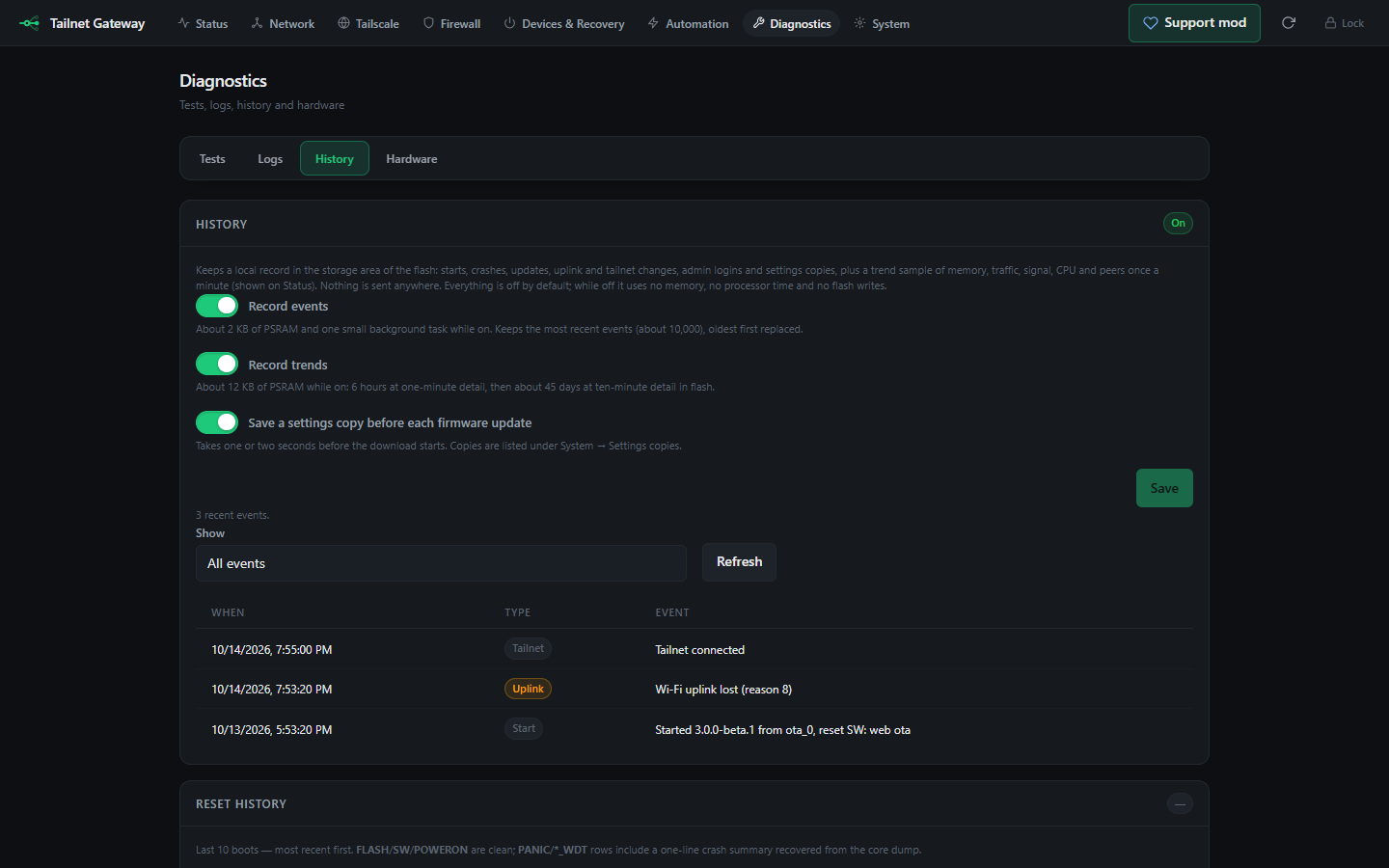 Diagnostics, History: switches for recording events, trends and a settings copy before each update, and recent events
