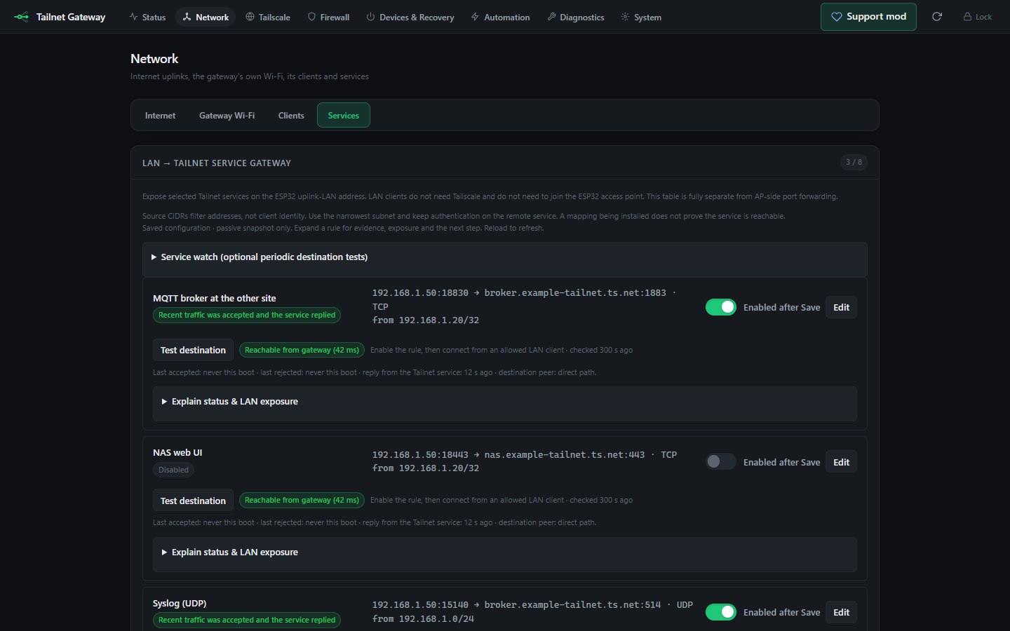 Network page with the Internet, Gateway Wi-Fi, Clients and Services groups; Services shows LAN to Tailnet rules with destination tests