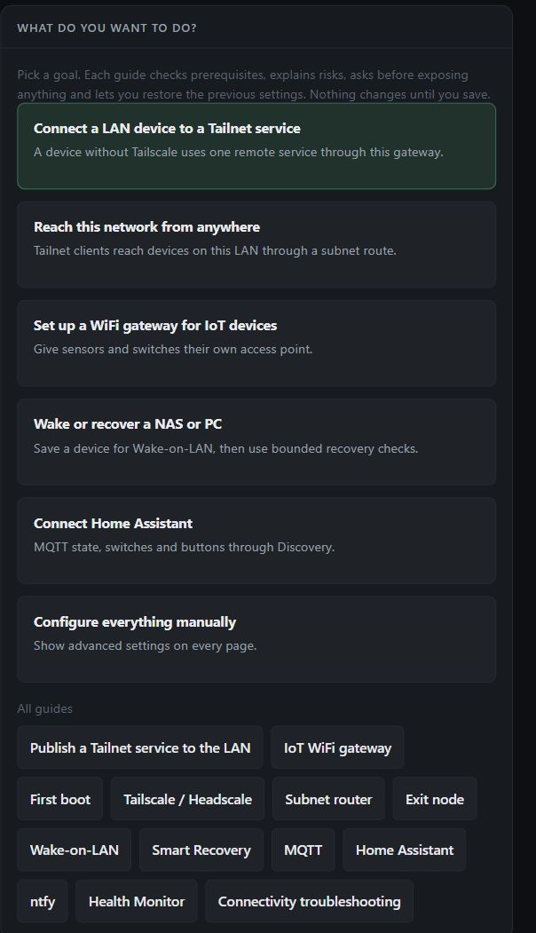 Actual ESP32 firmware dashboard offering Service Gateway, subnet routing, IoT WiFi, NAS recovery and Home Assistant setup guides