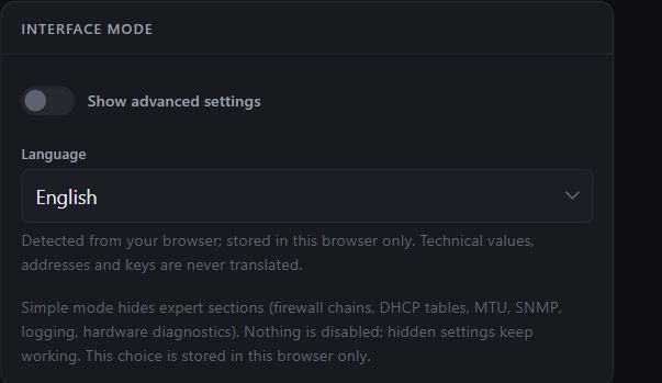 Live firmware interface settings with Simple and Advanced mode switch and browser-local language selection