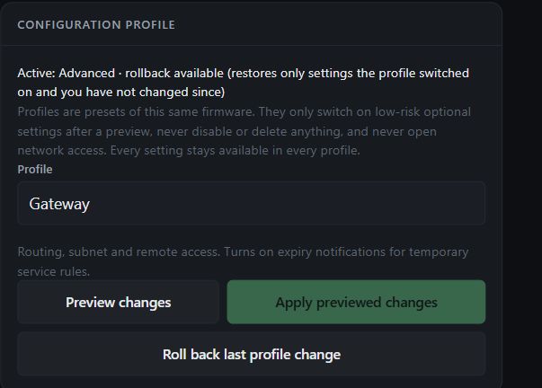 Live Gateway profile selector with Preview changes, disabled Apply previewed changes, and Roll back last profile change controls